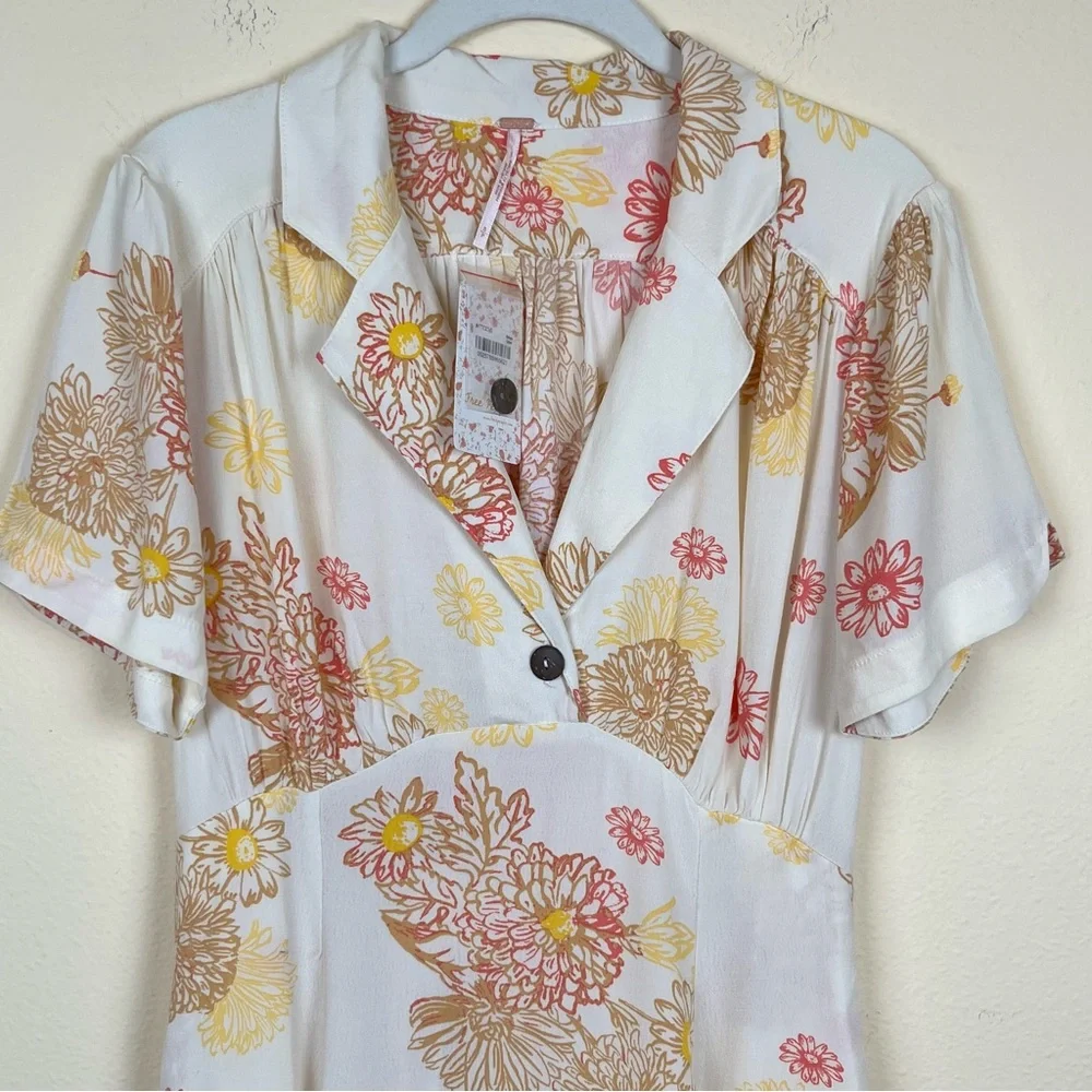 NWT Free People Dress Size S Cream Floral Print Hawaii Mini Viscose Airy Breezy